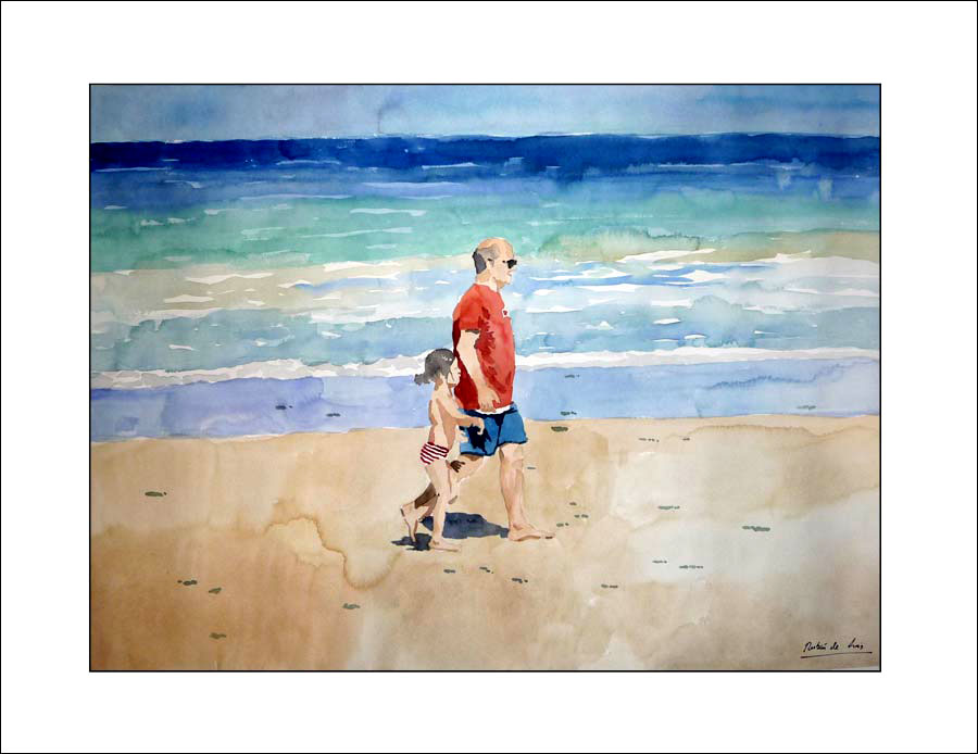 Retrato en acuarela de dos figuras por la playa